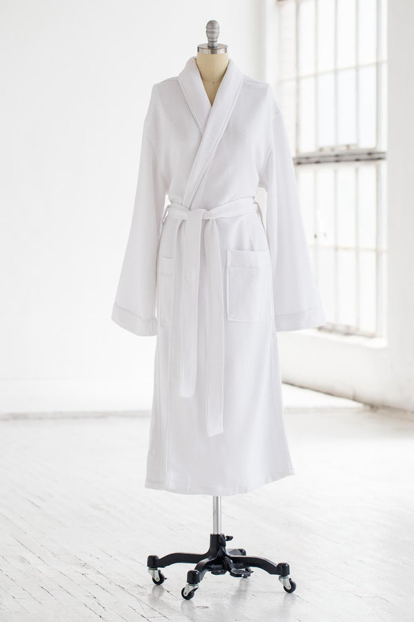 White Cotton Modal Spa robe with full length sleeves on a mannequin against a white background.