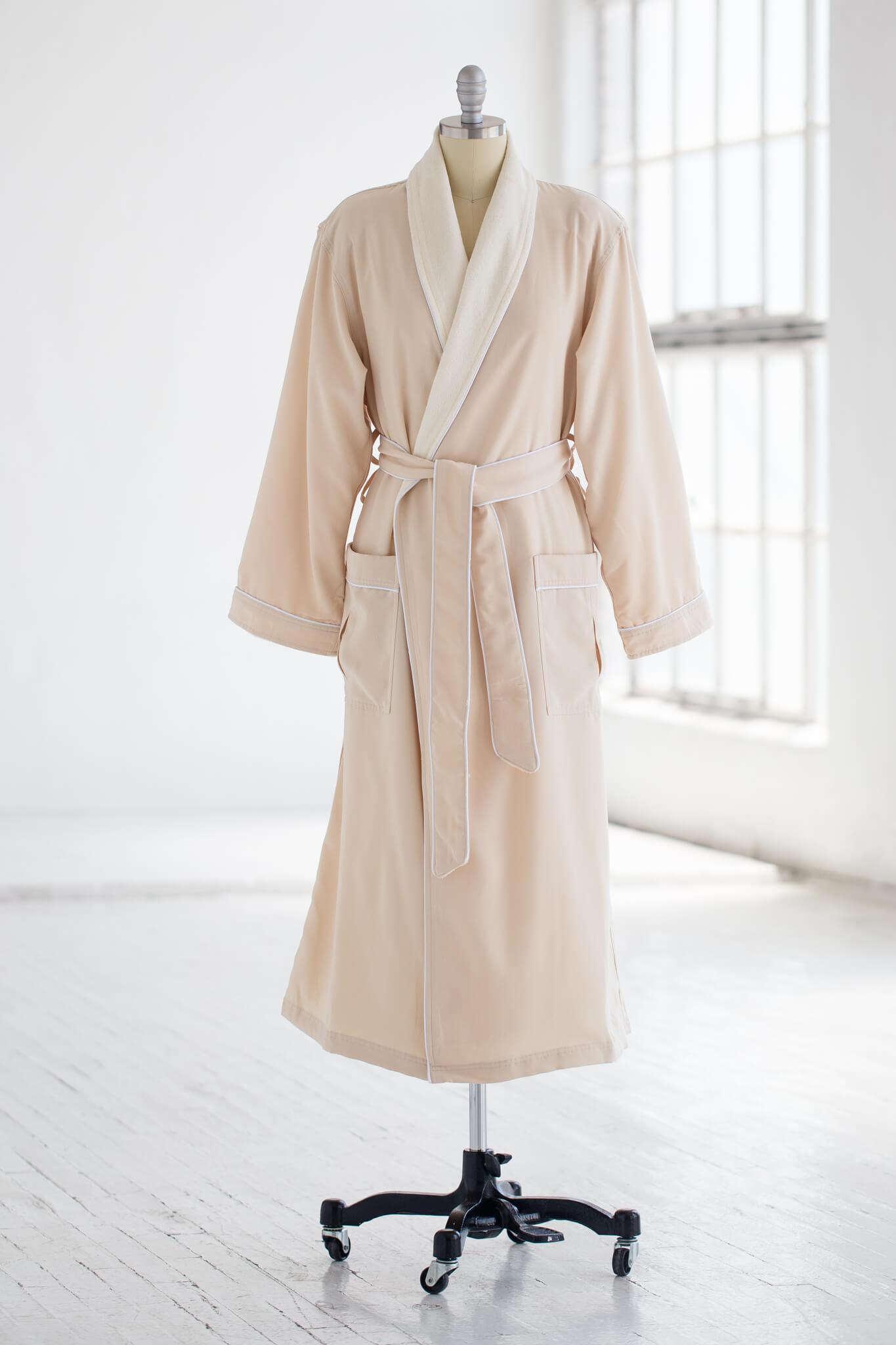 Womens Luxury Waffle Hooded Robe With Linen Piping Lightweight